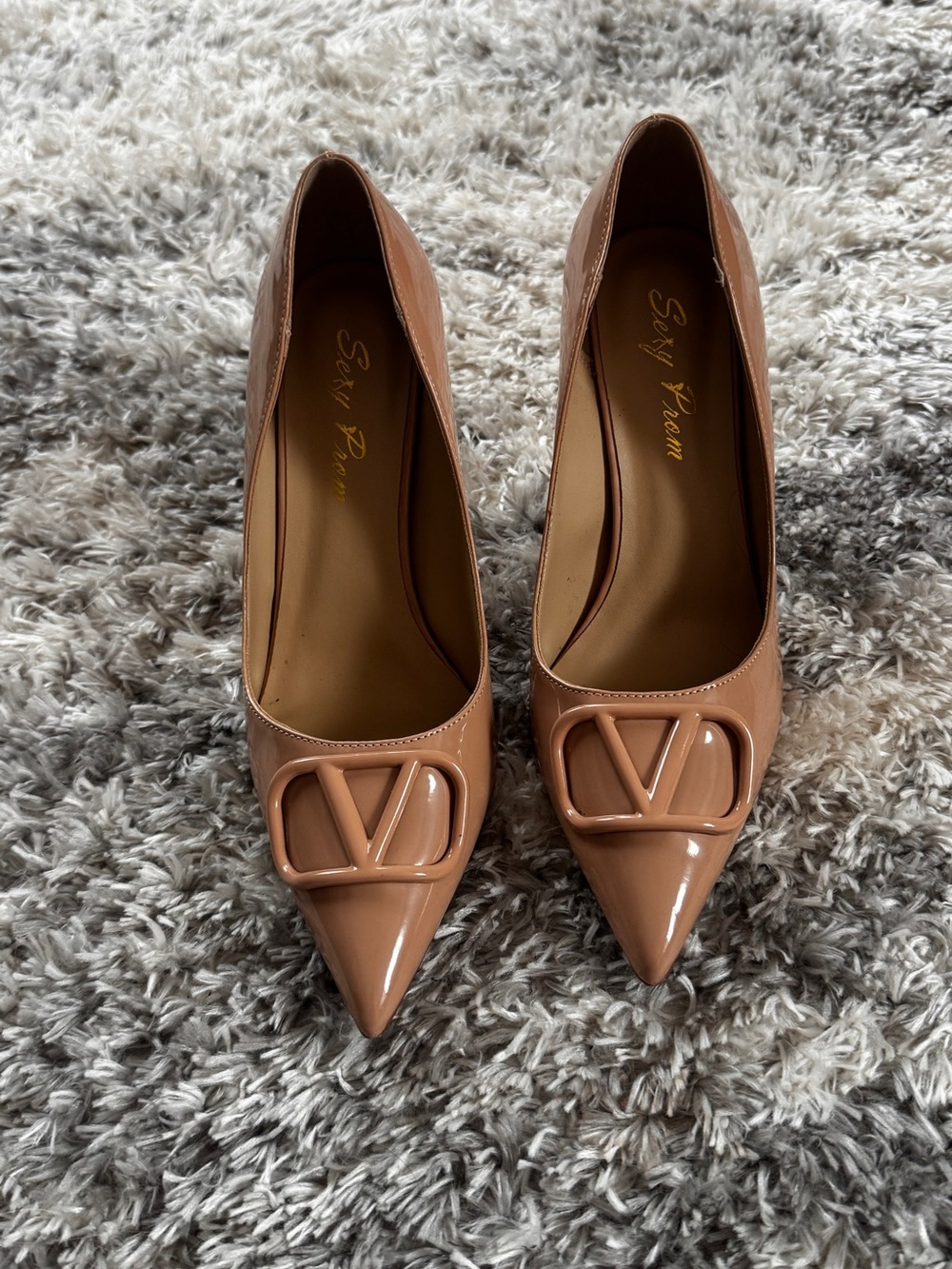 Nude Patent Pointed Toe Pumps with Logo Accent